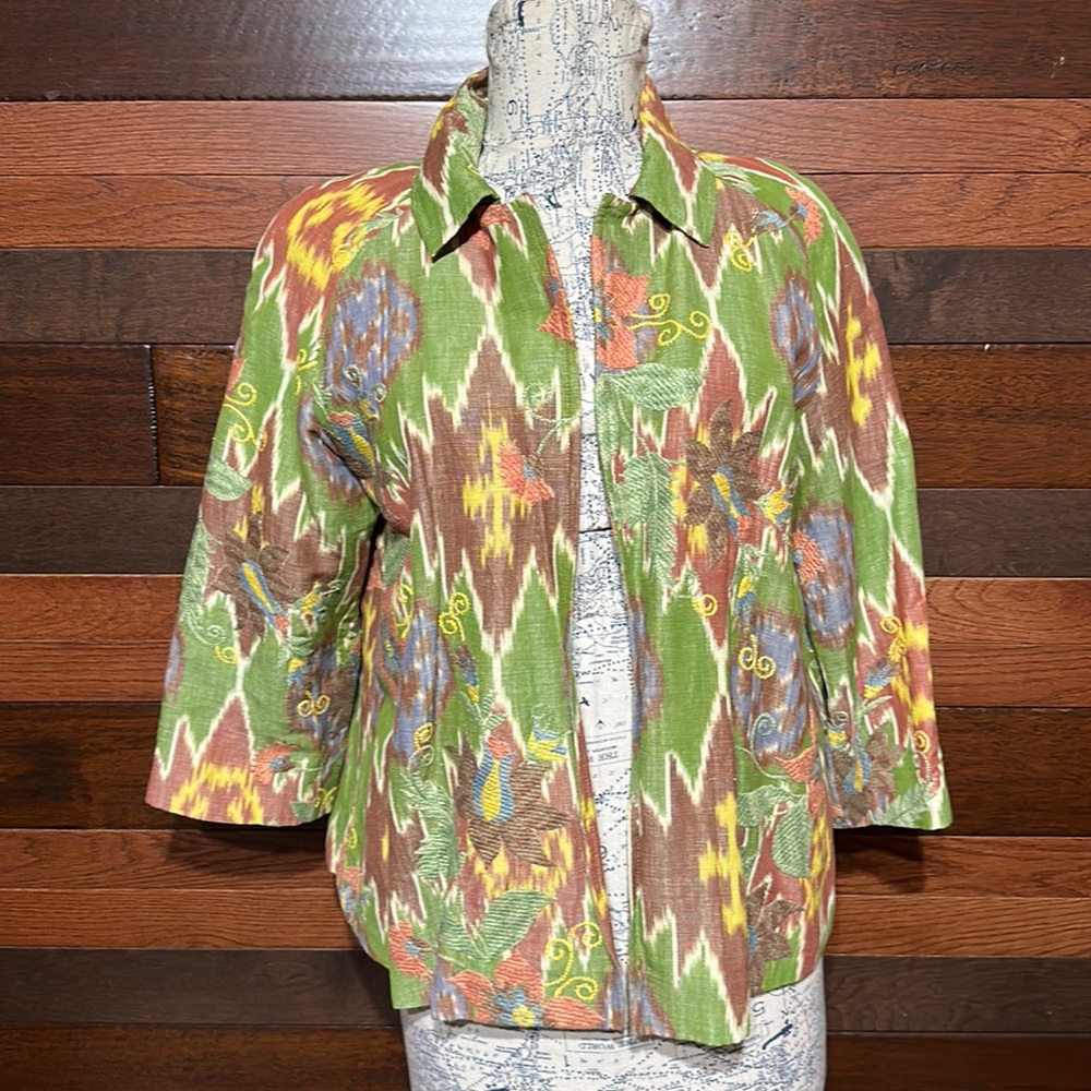 Coldwater Creek Open Front Long Sleeve Embroidered Floral Light Green Bl…